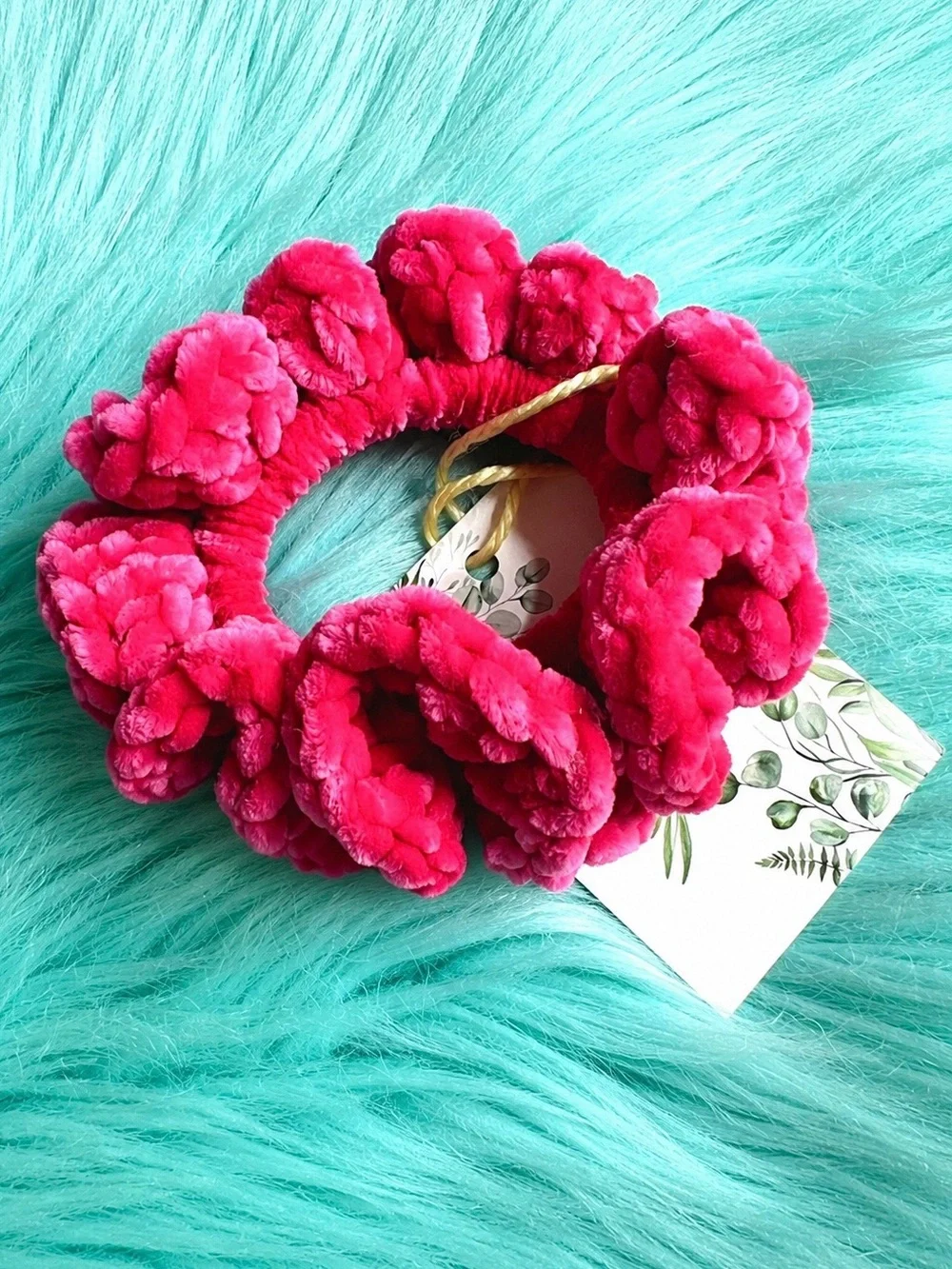 PinkRainCloud Handmade Luxe Velvet Hot Pink Crochet Plush Hair Scrunchie